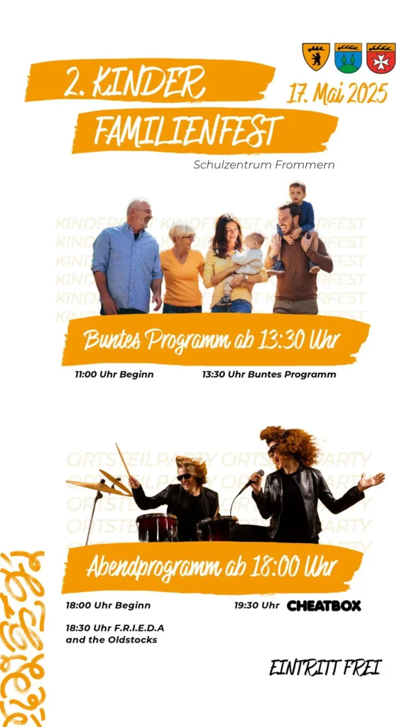 Plakat zum 2. Kinder- und Familienfest am 17. Mai 2025 im Schulzentrum Frommern.
11:00 Uhr Beginn, buntes Programm ab 13:30 Uhr, Abendprogramm ab 18:00 Uhr, ab 18:30 Uhr F.R.I.E.D.A an the Oldstocks, ab 19:30 Uhr CHEATBOX, Eintritt frei